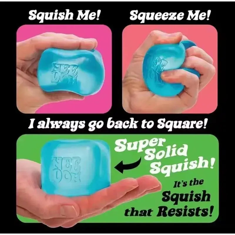 Nice Cube Stress Toy blue cube being squeezed in hands