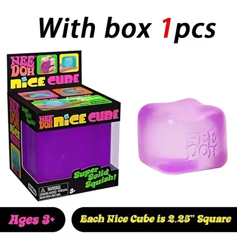 Lavender Nice Cube stress toy with embossed face.