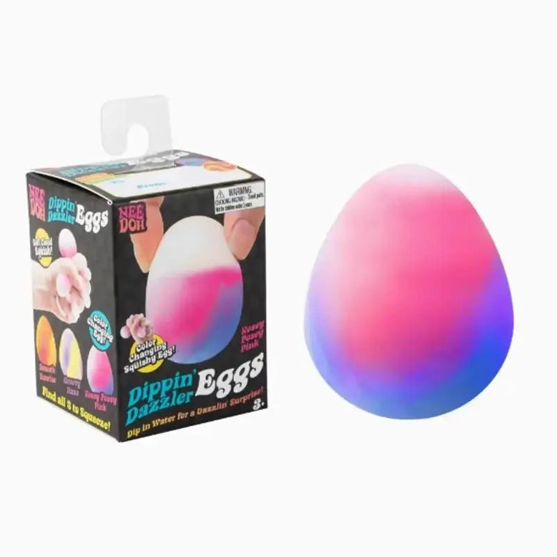 NeeDoh Dippin' Eggs pink-blue color-changing squishy egg shown with box