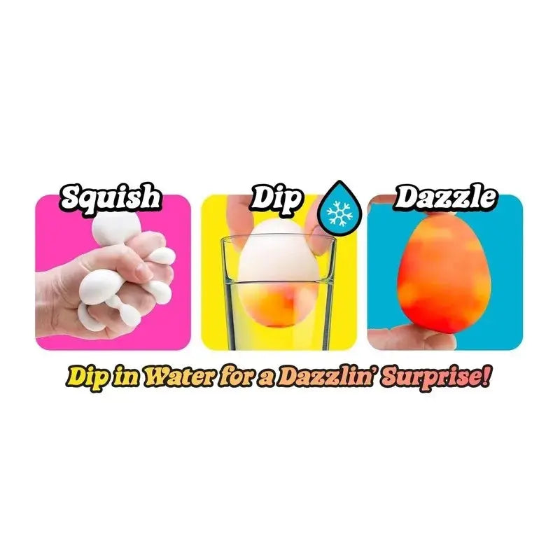 Squish and dip color-changing egg toy steps graphic: Squish, Dip, Dazzle