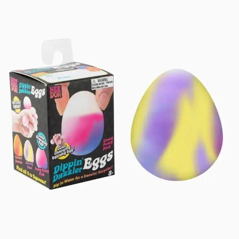 NeeDoh Dippin' Eggs purple-yellow color-changing squishy egg shown with box