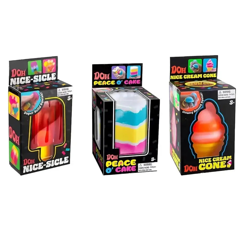 Assorted DOH boxed toy treats: Nice-Sicle, Peace o' Cake, and Nice Cream Cone