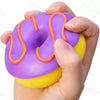 Purple and yellow donut stress toy, orange outline, held and squeezed